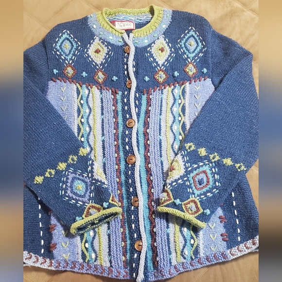 Newari Hand Knit In Nepal Colorful Knit Women's Sweater.sz L/XL - Picture 7 of 8